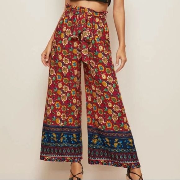 Trend Shop Pants - Paperbag Wideleg Belted Boho Floral Pants